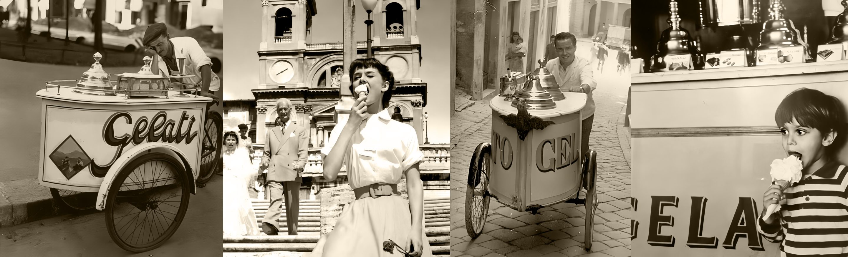 Classic gelato collage Four historic Italian gelato scenes: a gelato cart, a woman enjoying gelato, a street vendor, and a child eating gelato