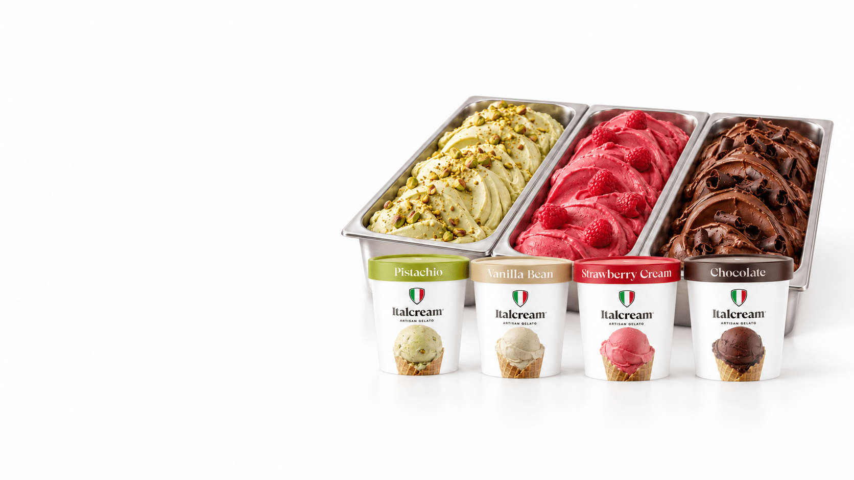 Hero gelato and retail pints Pistachio, raspberry, and chocolate trays behind four packaged Italcream flavors