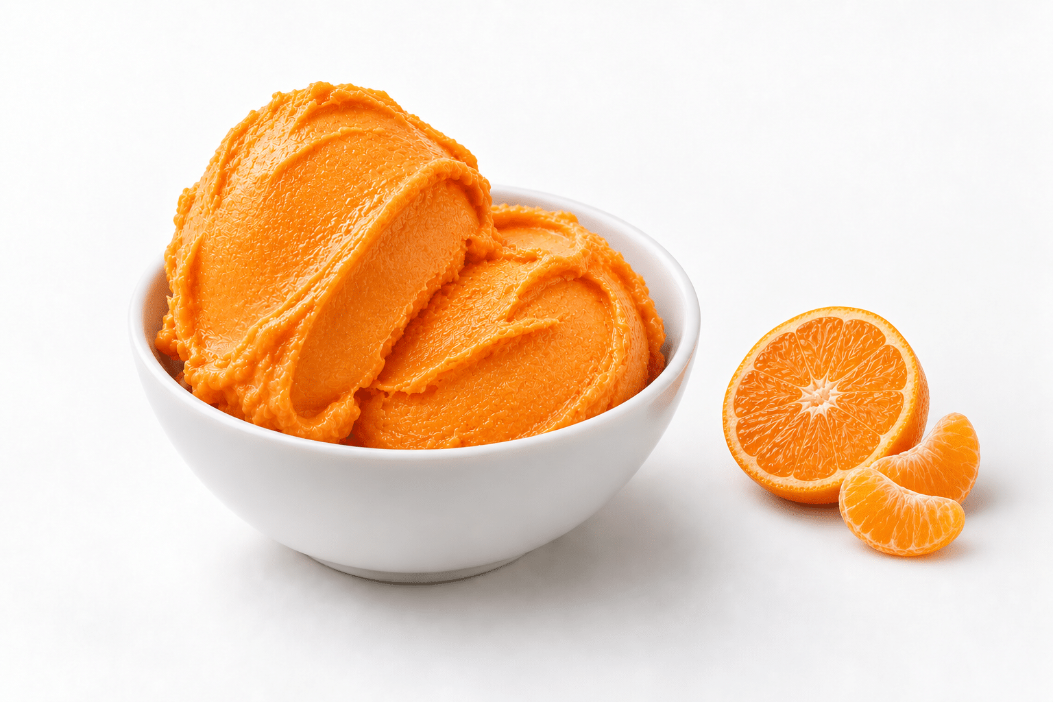 Mandarin orange sorbetto in a white bowl beside a fresh mandarin and orange segment
