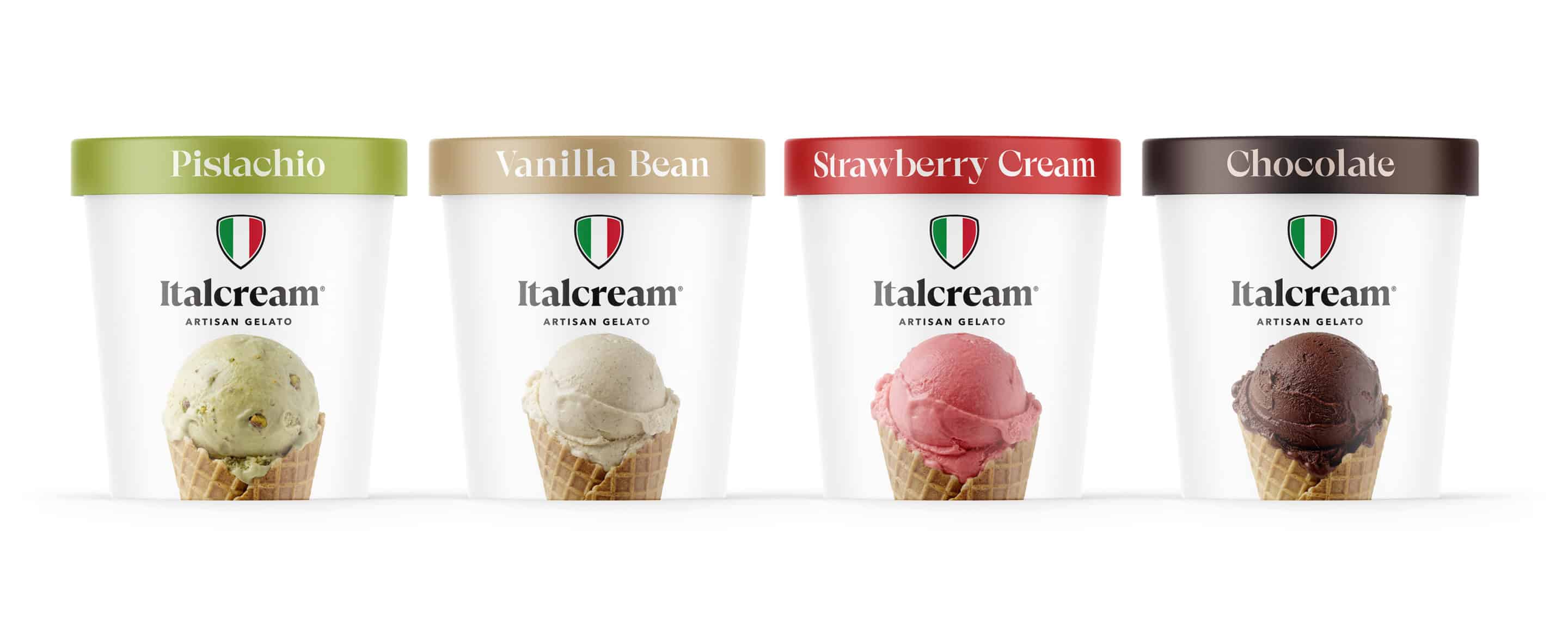 Retail pints Italcream retail packages in Pistachio, Vanilla Bean, Strawberry Cream, and Chocolate