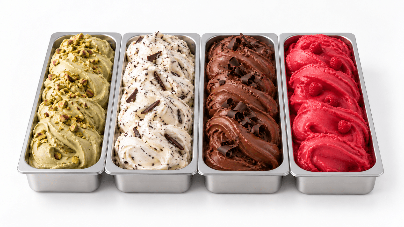 Gelato trays Four complete gelato and sorbetto trays: pistachio, stracciatella, chocolate, and raspberry